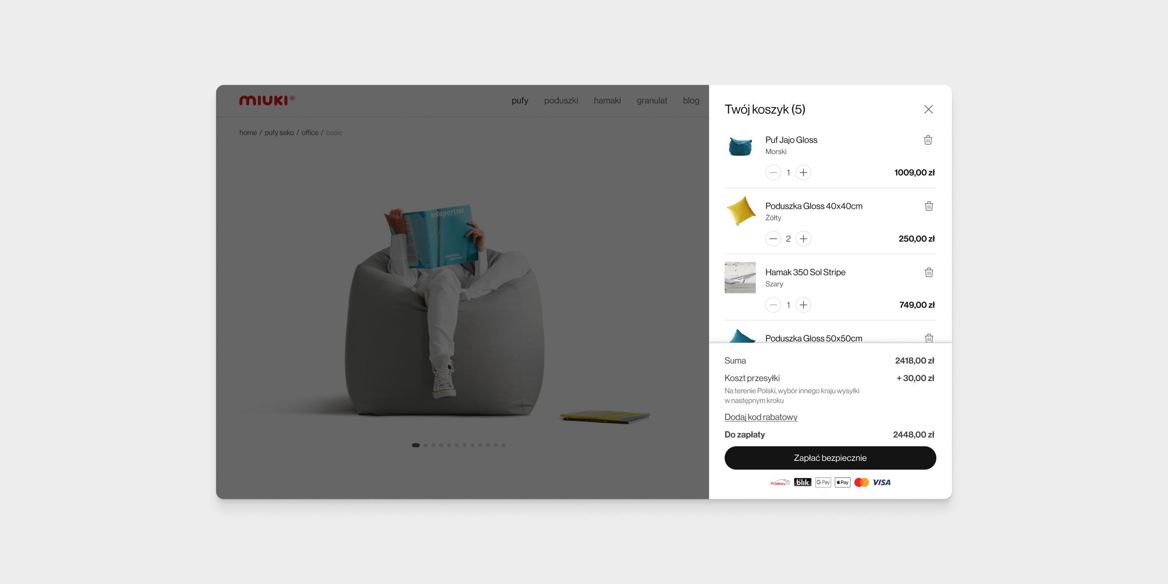 The cart with a clear summary of the custom configuration
