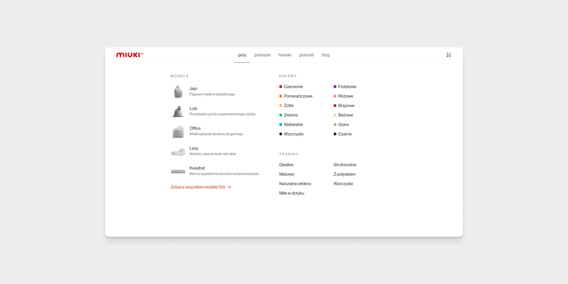 Browse by model, material, or colour — each a first-class entry point