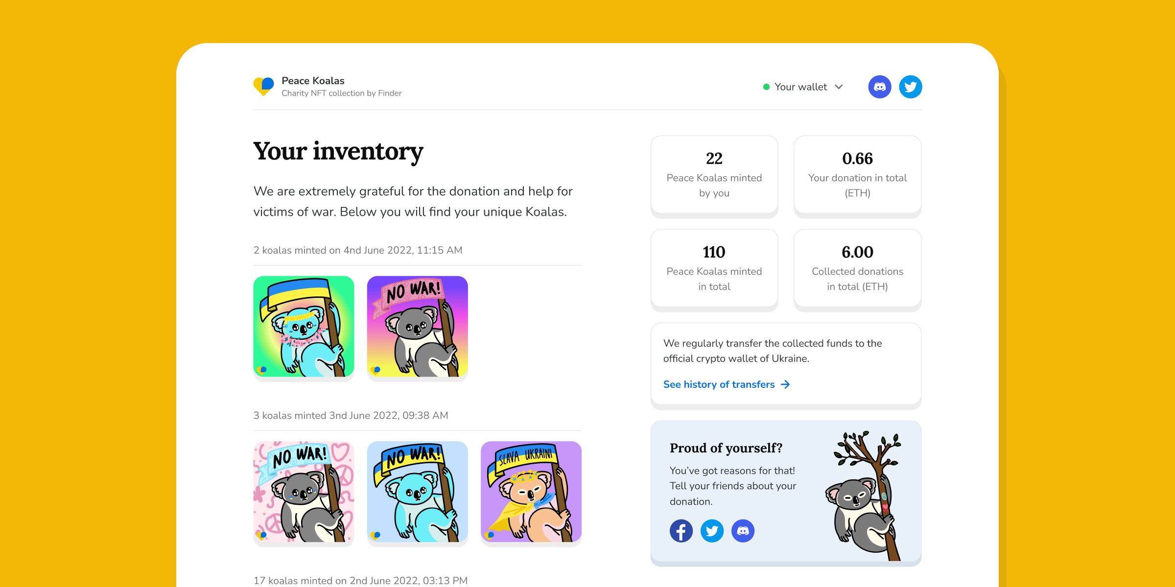 The minted koala in the user's inventory